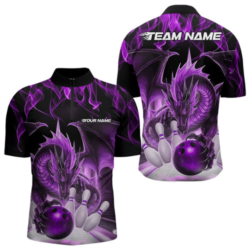 Custom Purple Flame Dragon Bowling Quarter-Zip Shirts For Men, Dragon Bowling Team Jerseys IPHW8961