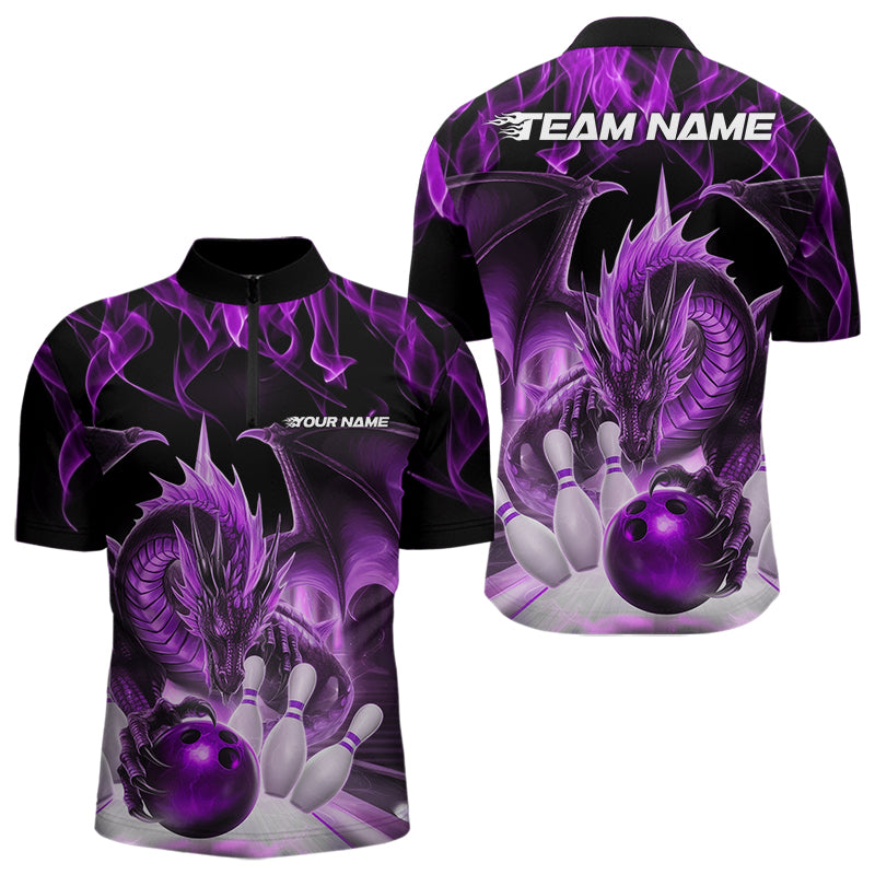 Custom Purple Flame Dragon Bowling Quarter-Zip Shirts For Men, Dragon Bowling Team Jerseys IPHW8961