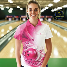 Load image into Gallery viewer, Front view of a female model wearing a white and pink bowling polo shirt with butterfly accents and bowling-themed graphics.
