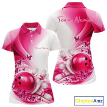 Load image into Gallery viewer, Women s white and pink bowling polo shirt mockup shown from front and back with butterfly artwork and bowling graphics.