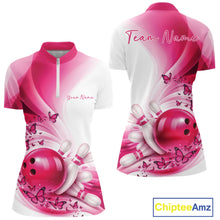 Load image into Gallery viewer, Women s white and pink bowling quarter zip mockup shown from front and back with butterfly accents and bowling-themed graphics.