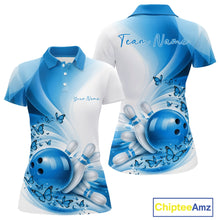 Load image into Gallery viewer, Front and back mockup of a women s white and blue bowling polo shirt with butterfly accents and bowling graphics.