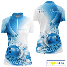 Load image into Gallery viewer, Front and back view of a women s white and blue bowling quarter zip mockup featuring butterfly accents and bowling-themed graphics.