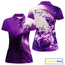 Load image into Gallery viewer, Women s purple bowling polo shirt mockup displayed from front and back with butterfly artwork and bowling-themed graphics.