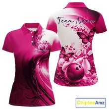 Load image into Gallery viewer, Front and back mockup of a pink women s bowling polo shirt featuring butterfly accents and bowling graphics.