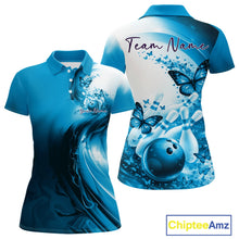 Load image into Gallery viewer, Custom Blue Butterfly Bowling Women Polo Shirt, Ladies Bowling Team Outfits IPHW11356