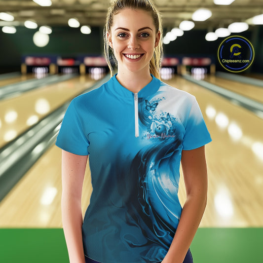 Custom Blue Butterfly Bowling Women Quarter-Zip Shirt, Ladies Bowling Team Outfits IPHW11356