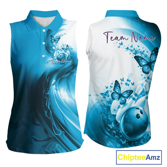 Custom Blue Butterfly Bowling Women Sleeveless Polo Shirt, Ladies Bowling Team Outfits IPHW11356