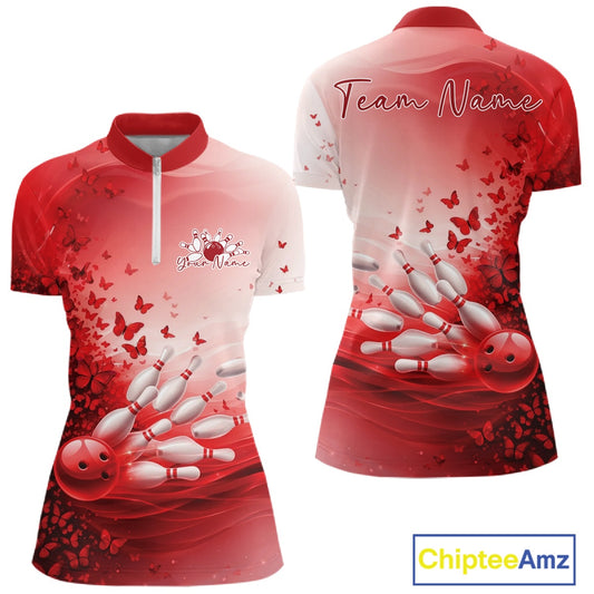 Custom Red Butterfly Bowling Women Quarter-Zip Shirt, Women Bowling Tournament Uniform IPHW11360