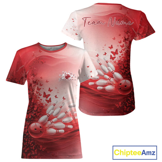 Custom Red Butterfly Bowling Women T-Shirts, Women Bowling Tournament Uniform IPHW11360
