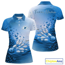 Load image into Gallery viewer, Women s white and blue bowling polo shirt mockup shown from front and back with butterfly artwork and bowling-themed graphics.