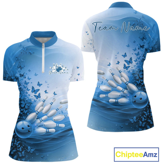 Custom Blue Butterfly Bowling Women Quarter-Zip Shirt, Women Bowling Tournament Uniform IPHW11361