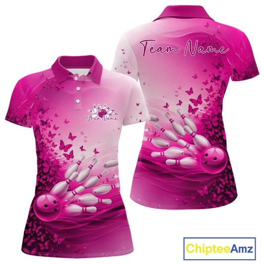 Front and back view of a women s white and pink bowling polo shirt mockup featuring butterfly accents and bowling graphics.