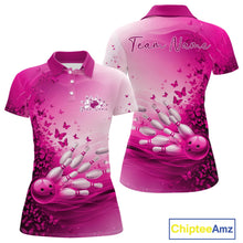 Load image into Gallery viewer, Front and back view of a women s white and pink bowling polo shirt mockup featuring butterfly accents and bowling graphics.