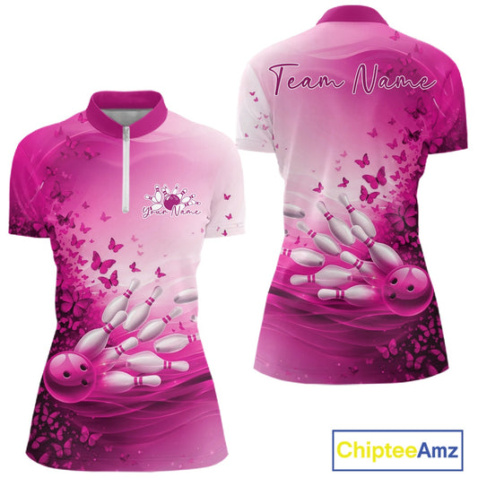 Custom Pink Butterfly Bowling Women Quarter-Zip Shirt, Women Bowling Tournament Uniform IPHW11362