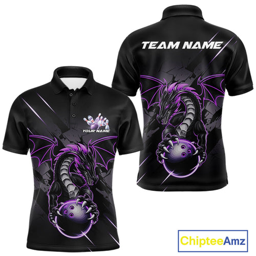 Custom Glowing Purple Dragon Bowling Team Polo Shirts For Men, Dragon Bowling Jerseys IPHW9539
