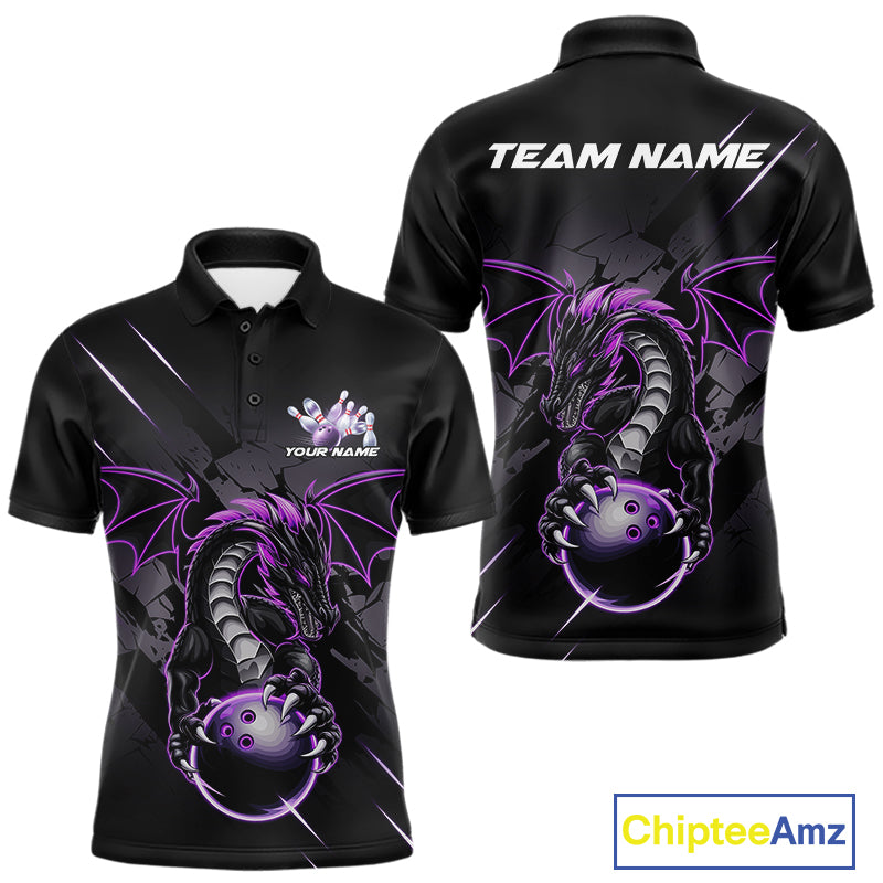 Custom Glowing Purple Dragon Bowling Team Polo Shirts For Men, Dragon Bowling Jerseys IPHW9539