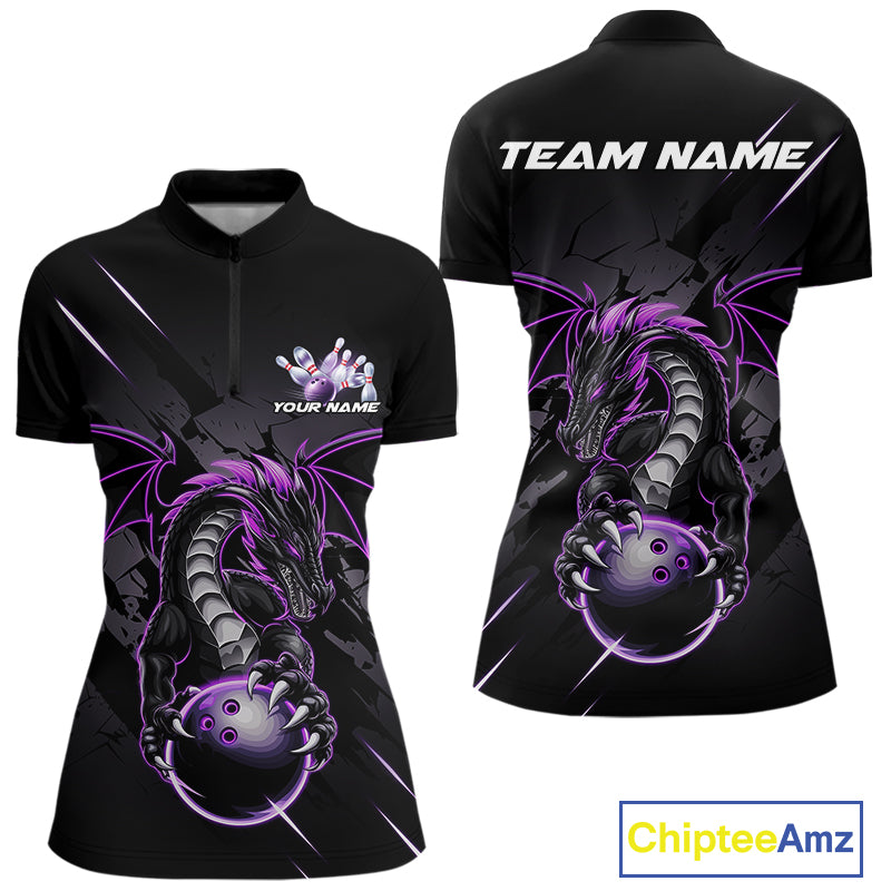Custom Glowing Purple Dragon Bowling Team Women Quarter-Zip Shirt, Dragon Bowling Jerseys IPHW9539