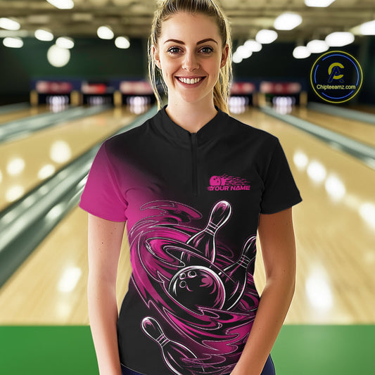 Custom Black And Pink Flame Bowling Women Quarter-Zip Shirts, Team Bowling League Shirt IPHW9777