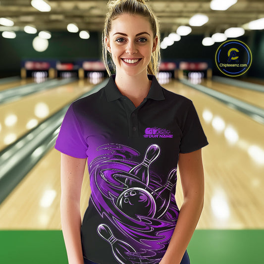 Custom Black And Purple Flame Bowling Polo Shirts For Women, Team Bowling League Shirt IPHW9778