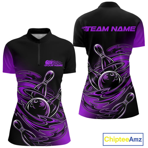 Custom Black And Purple Flame Bowling Women Quarter-Zip Shirts, Team Bowling League Shirt IPHW9778
