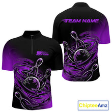 Load image into Gallery viewer, Custom Black And Purple Flame Bowling Quarter-Zip Shirts For Men, Team Bowling League Shirt IPHW9778