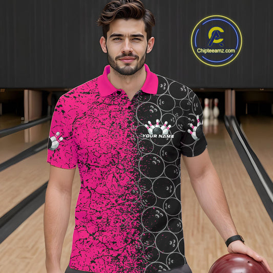 Custom Black And Pink Splatter Bowling Ball Pattern Bowling Team Polo Shirts For Men IPHW9789