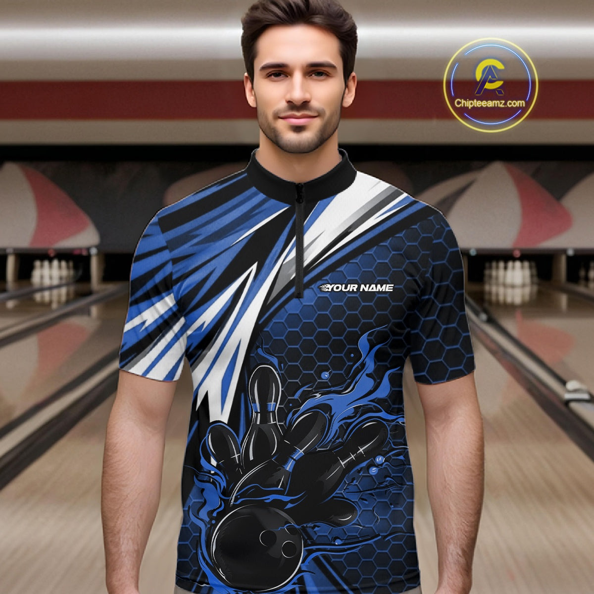 Custom Blue Flame Bowling Jerseys For Men, Hexagon Bowling Team Tournament Shirt IPHW10557