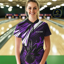 Load image into Gallery viewer, Custom Purple Flame Bowling Jerseys For Women, Hexagon Bowling Team Tournament Shirt IPHW10559