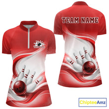 Load image into Gallery viewer, Womens white and red bowling quarter-zip mockup displayed from front and back with elegant wave patterns and a bowling strike motif