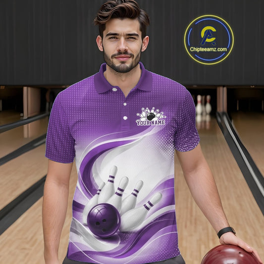 Male model wearing a white and purple bowling polo shirt with flowing linework and a bowling ball knocking down pins at the bowling lane