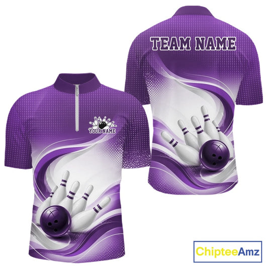 Front and back mockup of a mens white and purple bowling quarter-zip showcasing curved wave designs and a bowling ball striking pins