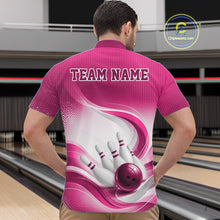 Load image into Gallery viewer, White and pink bowling quarter-zip shirt on a male model, showcasing flowing wave motifs and a bowling ball crashing into pins
