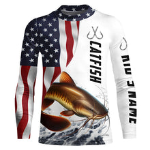 Load image into Gallery viewer, Catfish Fishing Custom Long Sleeve Fishing Shirts, American Flag Patriotic Catfish Fishing Shirt IPHW7017
