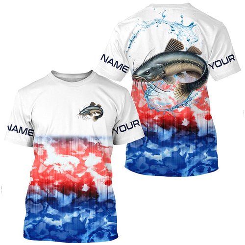Red White And Blue Tie Dye Background Custom Patriotic Catfish Long Sleeve Fishing Shirts IPHW7019