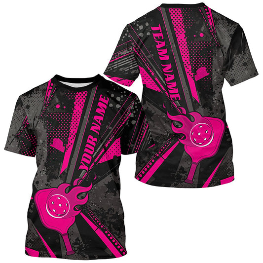 Black And Pink Custom Flame Pickleball T-Shirts For Men, Pickleball Jerseys Pickleballer Outfit IPHW7775