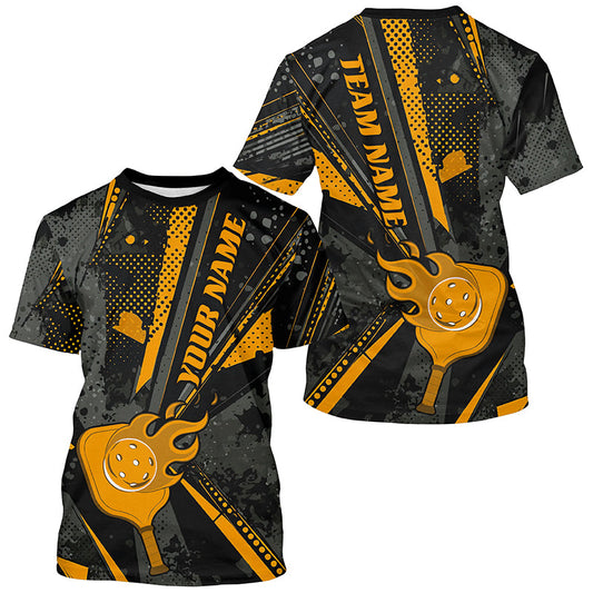 Black And Yellow Custom Flame Pickleball T-Shirts For Men, Pickleball Jerseys Pickleballer Outfit IPHW7776