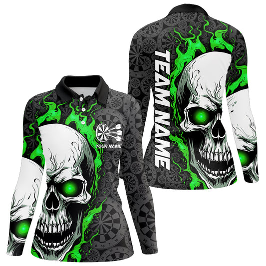 Black And Green Flame Skull Custom Dart Women Long Sleeve Polo Shirt, Fire Dart Team Jersey IPHW8496
