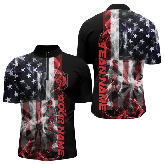 Black and red dart quarter zip shirt featuring American flag design and customizable text on a white background