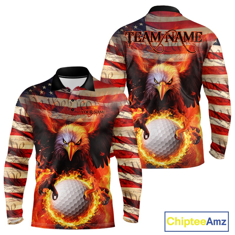Custom Patriotic Eagle We The People Flame Golf Shirt For Men, Vintage US Flag Golf Shirt IPHW10599