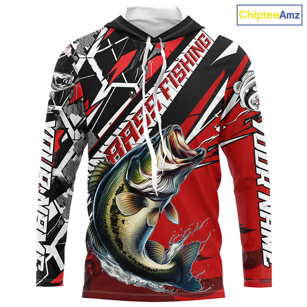 Black And Red Bass Long Sleeve Tournament Fishing Shirts, Custom Bass Fishing Jerseys IPHW6203