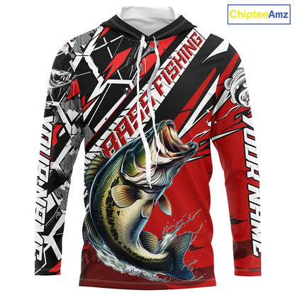 Black And Red Bass Long Sleeve Tournament Fishing Shirts, Custom Bass Fishing Jerseys IPHW6203