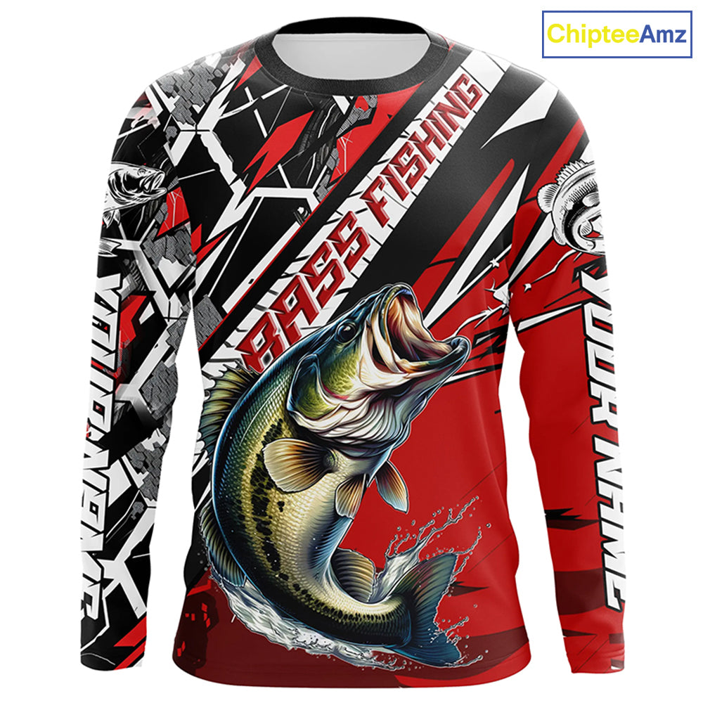 Black And Red Bass Long Sleeve Tournament Fishing Shirts, Custom Bass Fishing Jerseys IPHW6203