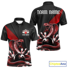 Load image into Gallery viewer, Front and back black mens bowling polo featuring a red cobra coiled around a bowling ball with scattered bowling pins.