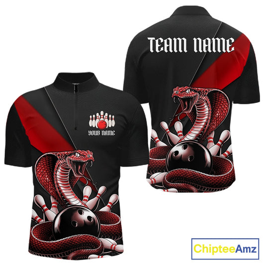 Front and back black mens bowling quarter-zip featuring a red cobra coiled around a bowling ball and scattered pins.