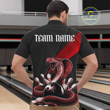 Load image into Gallery viewer, Front view of a black mens bowling quarter-zip showcasing a red cobra, bowling ball, and scattered pin motif.