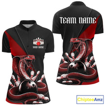 Load image into Gallery viewer, Front and back womens black bowling quarter-zip featuring a red cobra coiled around a bowling ball and scattered pins.