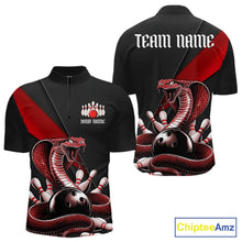 Load image into Gallery viewer, Front and back black mens bowling quarter-zip featuring a red cobra coiled around a bowling ball and scattered pins.