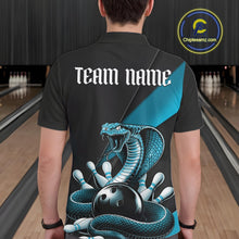 Load image into Gallery viewer, Back view of a black mens bowling polo displaying a blue cobra wrapped around a bowling ball with scattered pins.