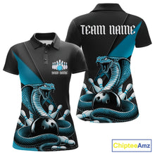 Load image into Gallery viewer, Front and back black womens bowling polo featuring a blue cobra coiled around a bowling ball and scattered pins.